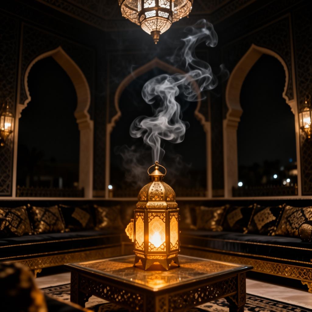 Arabic luxury majlis interior with golden lantern and bakhoor smoke