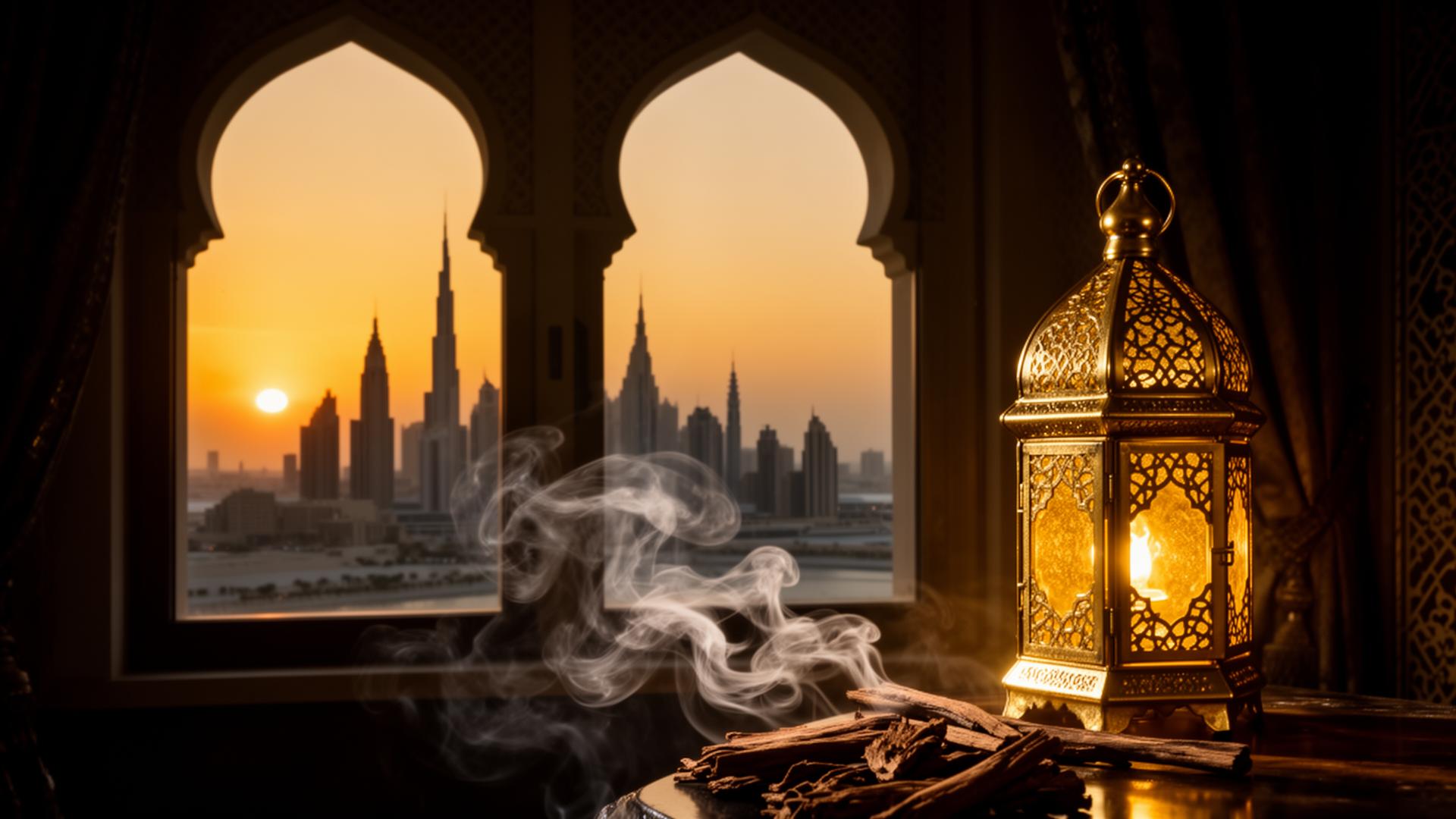 Dubai skyline at golden sunset with arabic lantern and bakhoor oud smoke