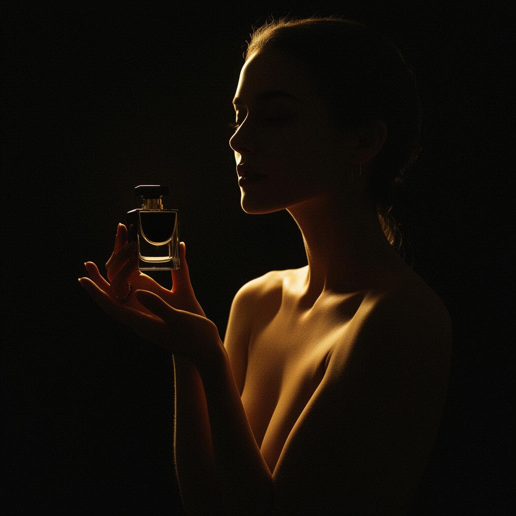 Luxury beauty brand silhouette holding a black perfume bottle