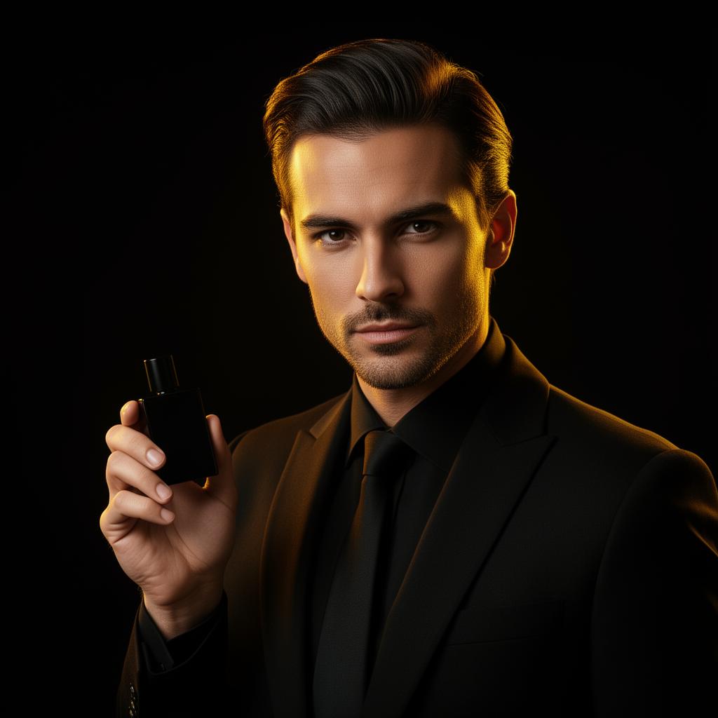 Elegant founder in black suit holding a luxury perfume bottle