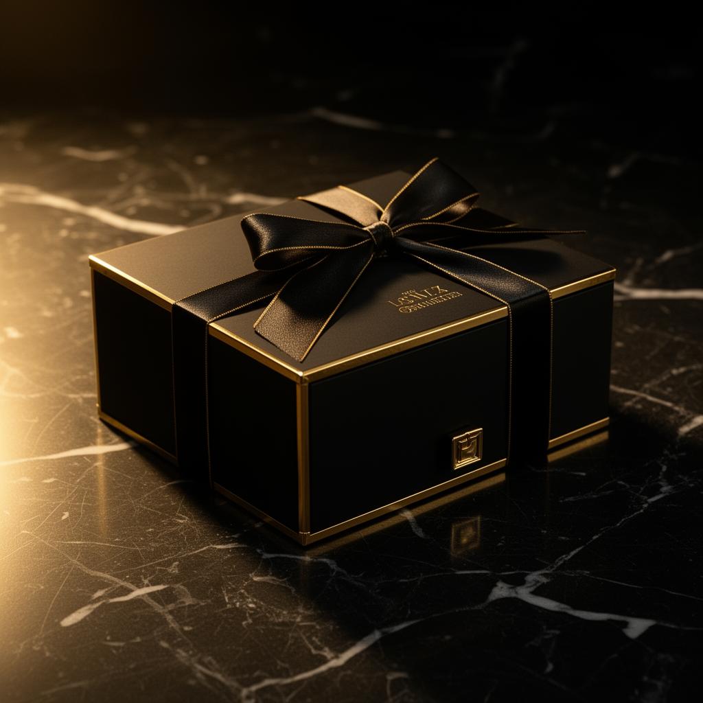 Black and gold luxury perfume gift box on dark marble