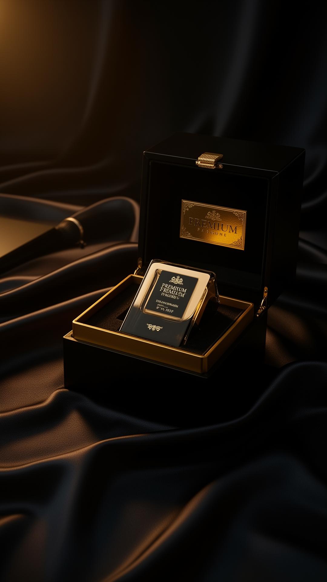 Luxury black and gold perfume packaging on dark silk