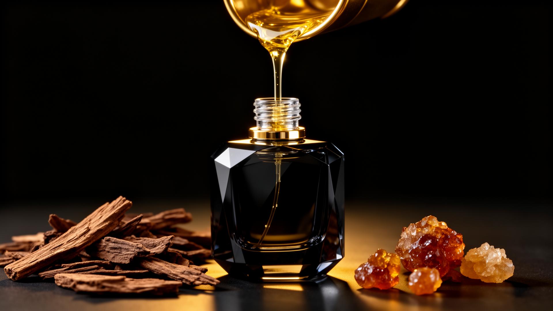 Golden fragrance oil being poured into a black crystal flacon — UAE atelier