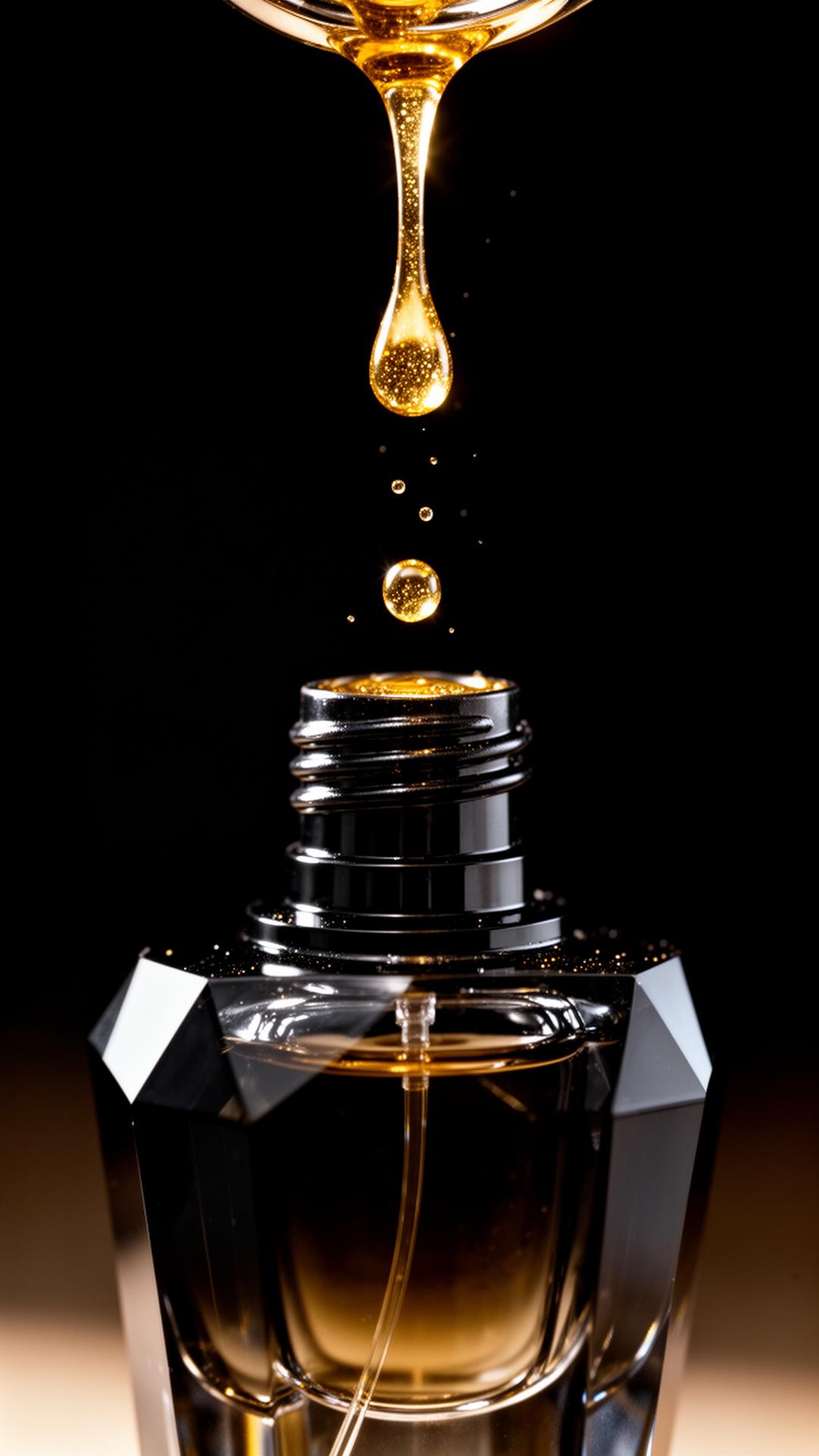 Golden fragrance oil drops falling into a black crystal flacon