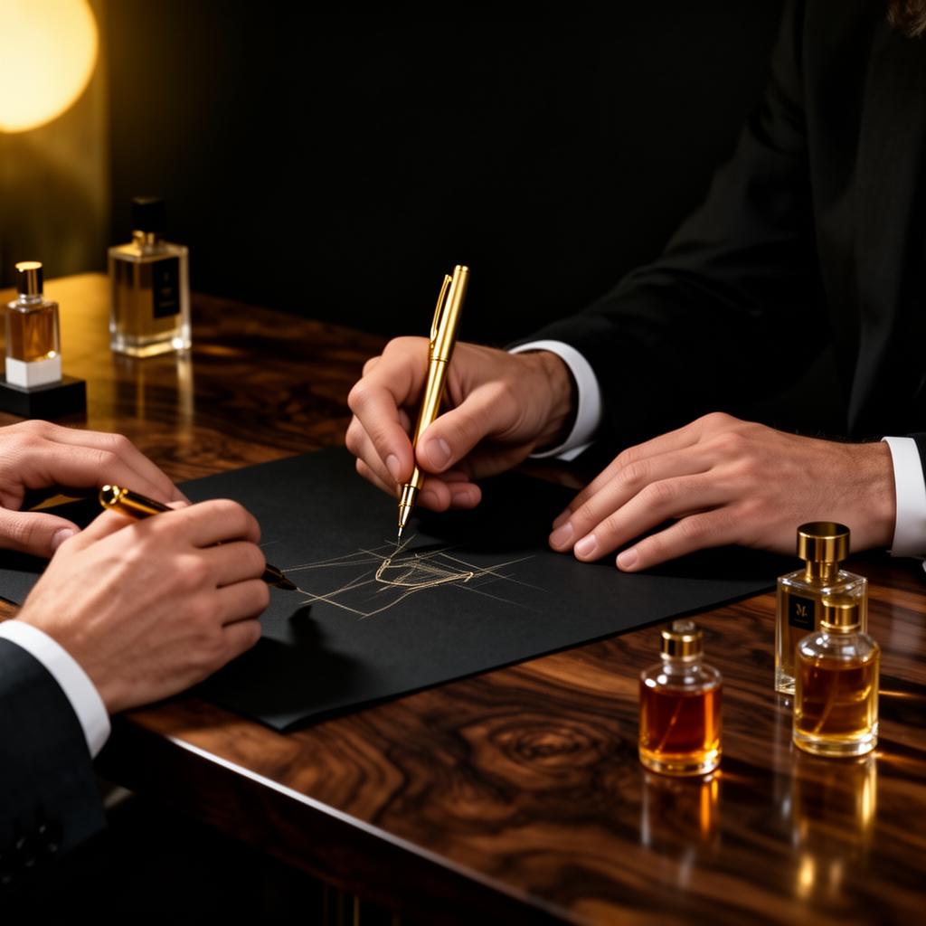 Hands sketching with gold pen — luxury creative direction