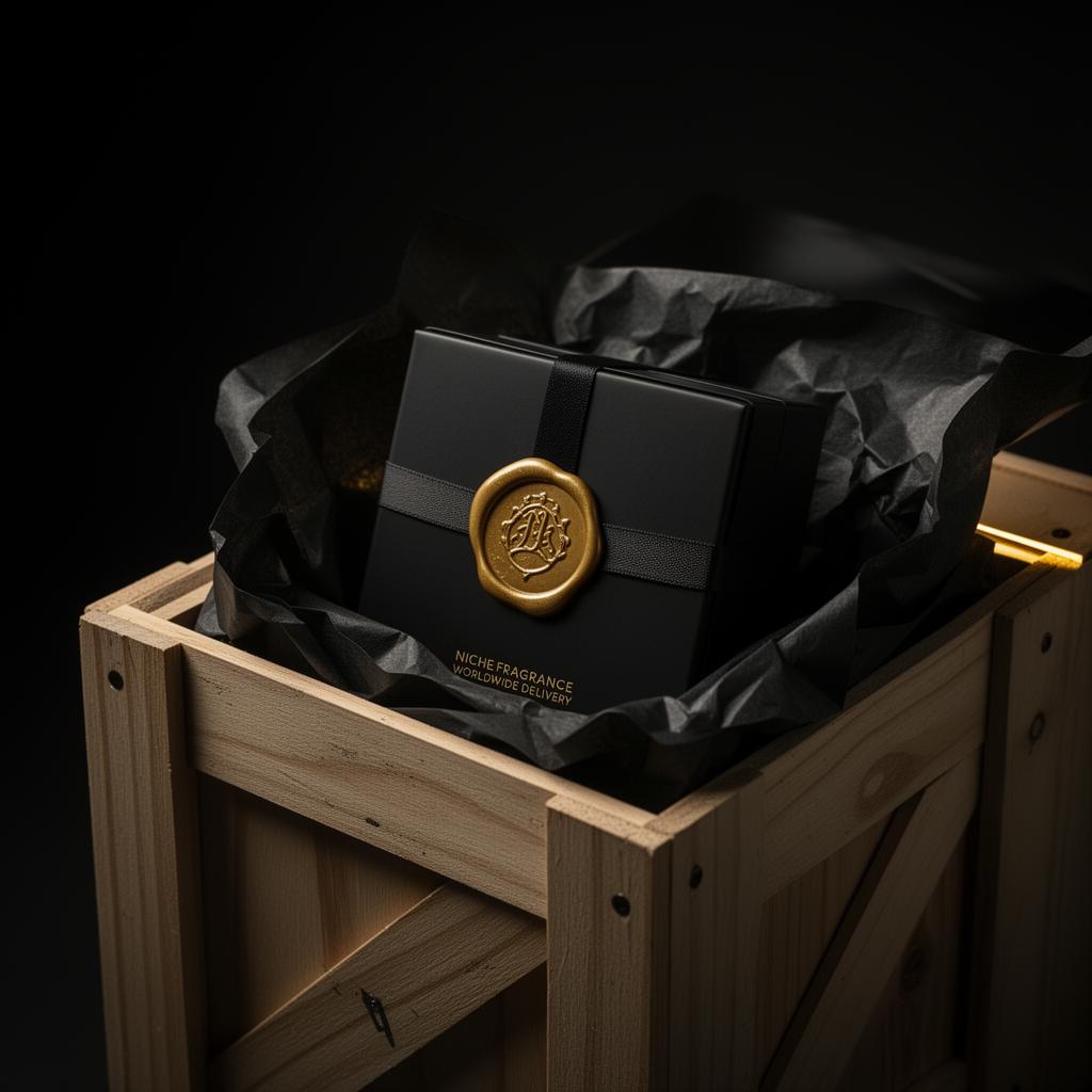Black box with gold wax seal in shipping crate