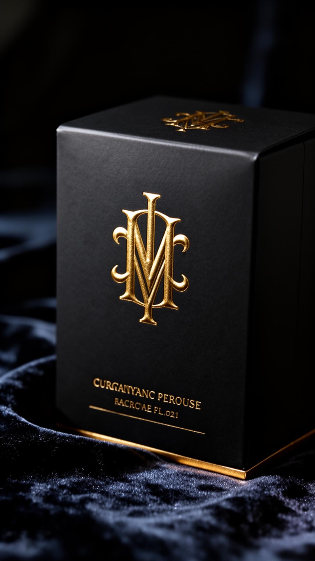 Black perfume box with embossed gold monogram on dark velvet