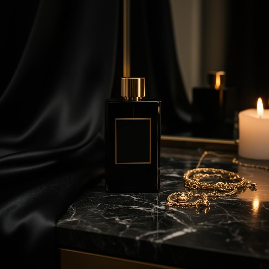 Black and gold luxury perfume bottle on dark marble vanity with candlelight