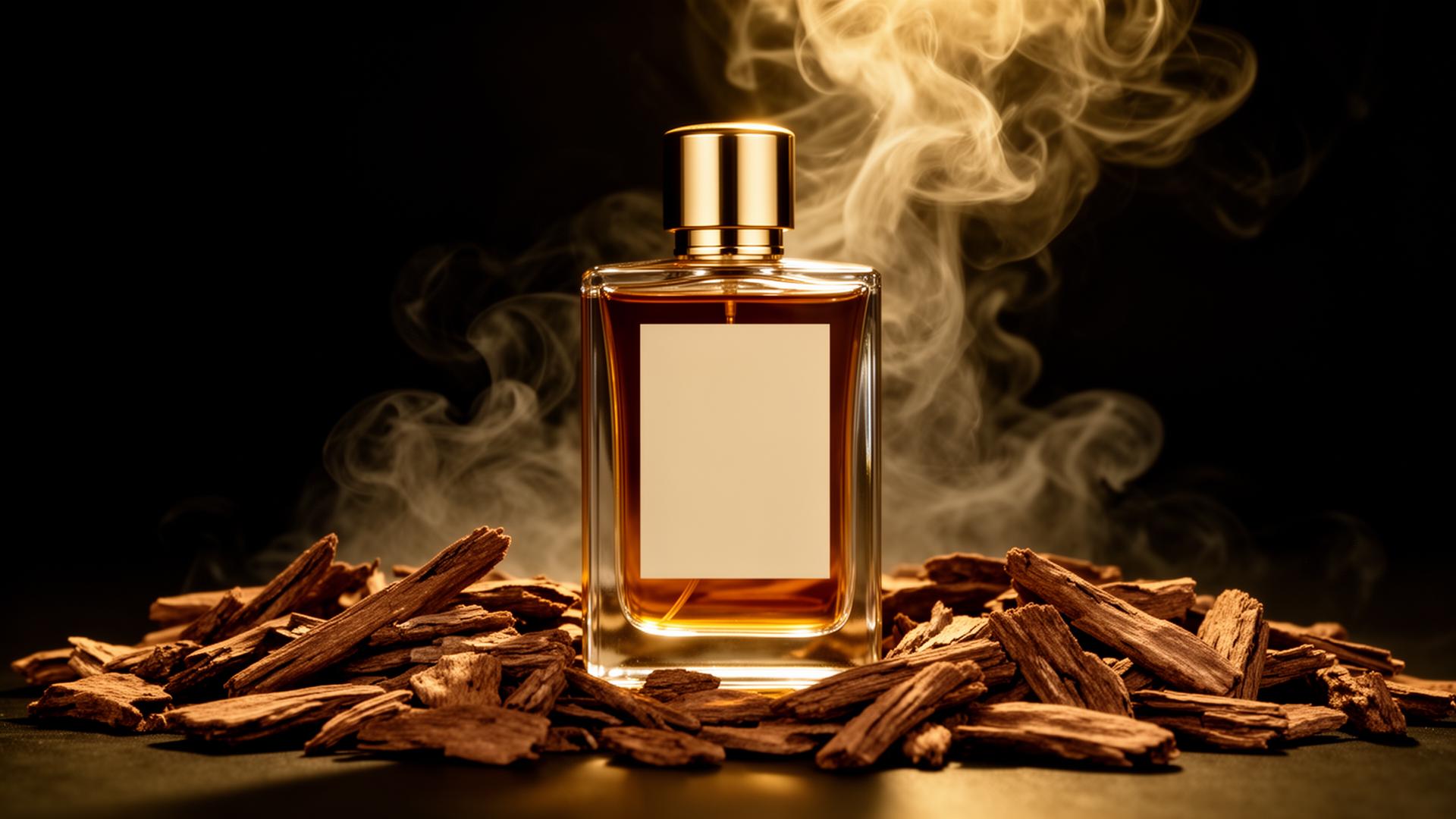 Cinematic luxury perfume bottle in golden light with bakhoor smoke and oud wood